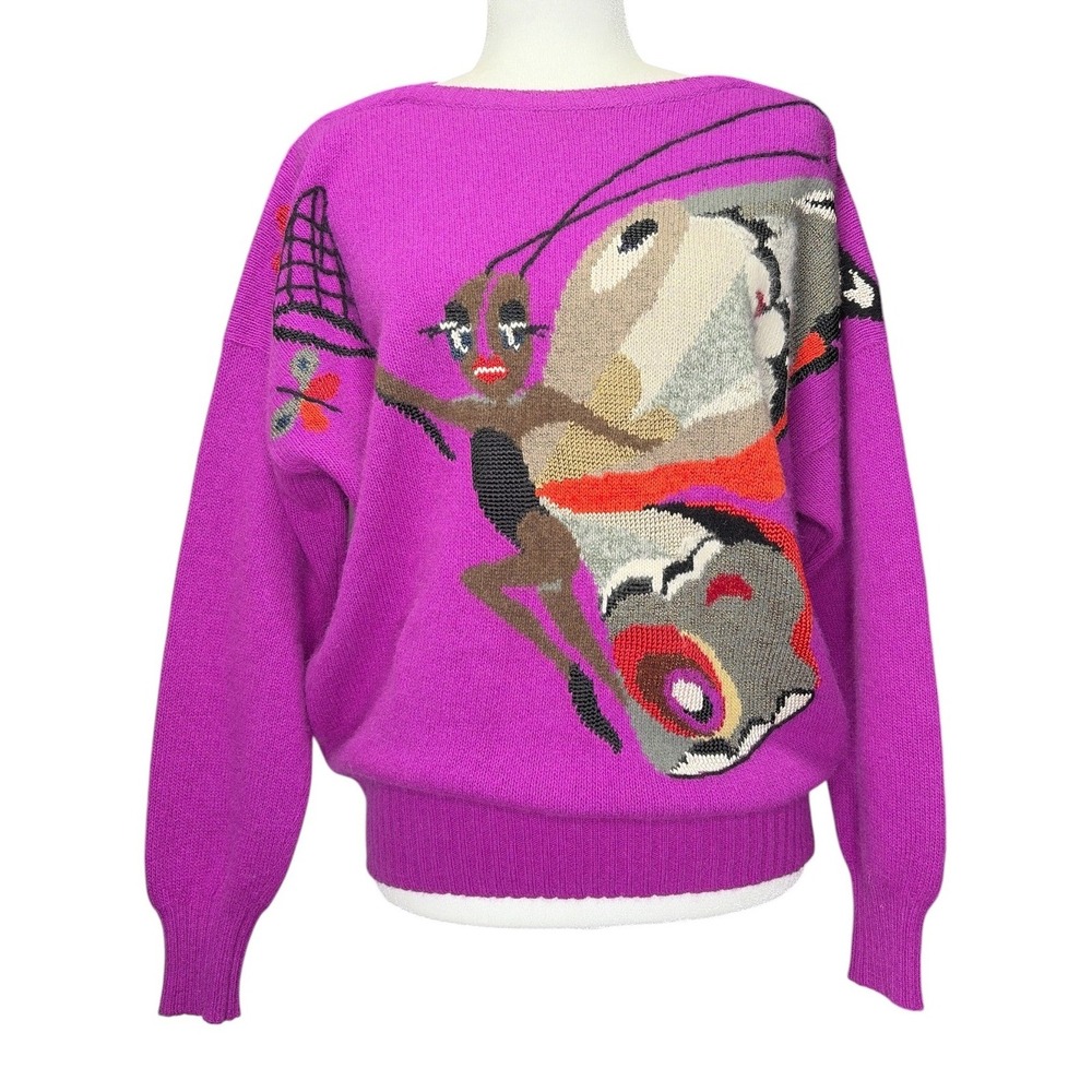 Krizia Maglia Vtg 80s Purple Wool Angora Butterfly Intarsia Sweater Italy Med